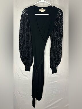 Flying Tomato Black Lace-Sleeve Wrap Dress